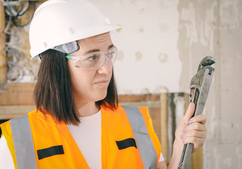 Une artisane plombière, casque et clé à molette en main, sur un chantier de rénovation